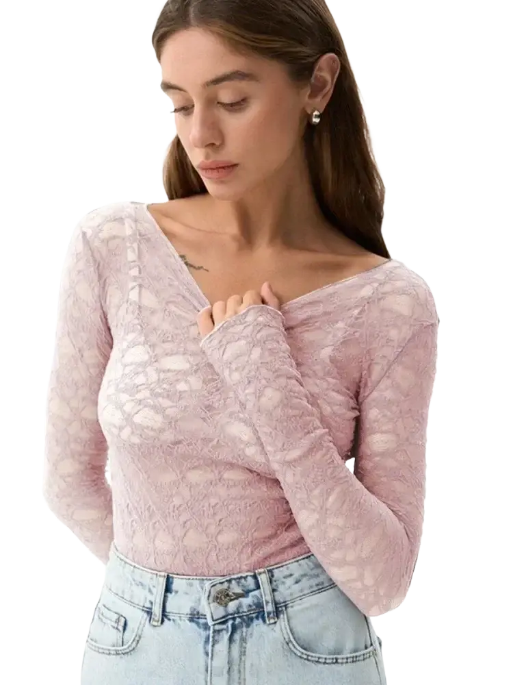 A delicate pink lace long-sleeved crop top with v-neckline for women aesthetic clothes and aesthetic style