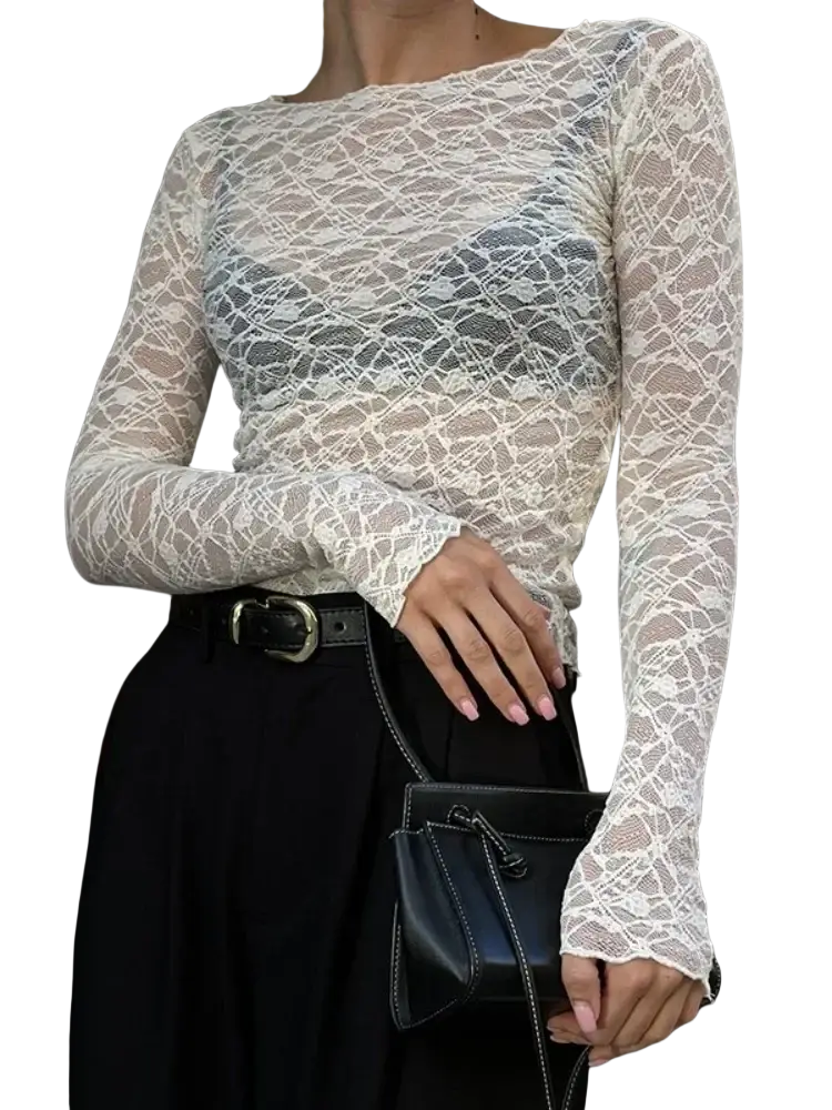 A delicate white lace long-sleeved crop top with fitted bodice and flared cuffs for women aesthetic clothes