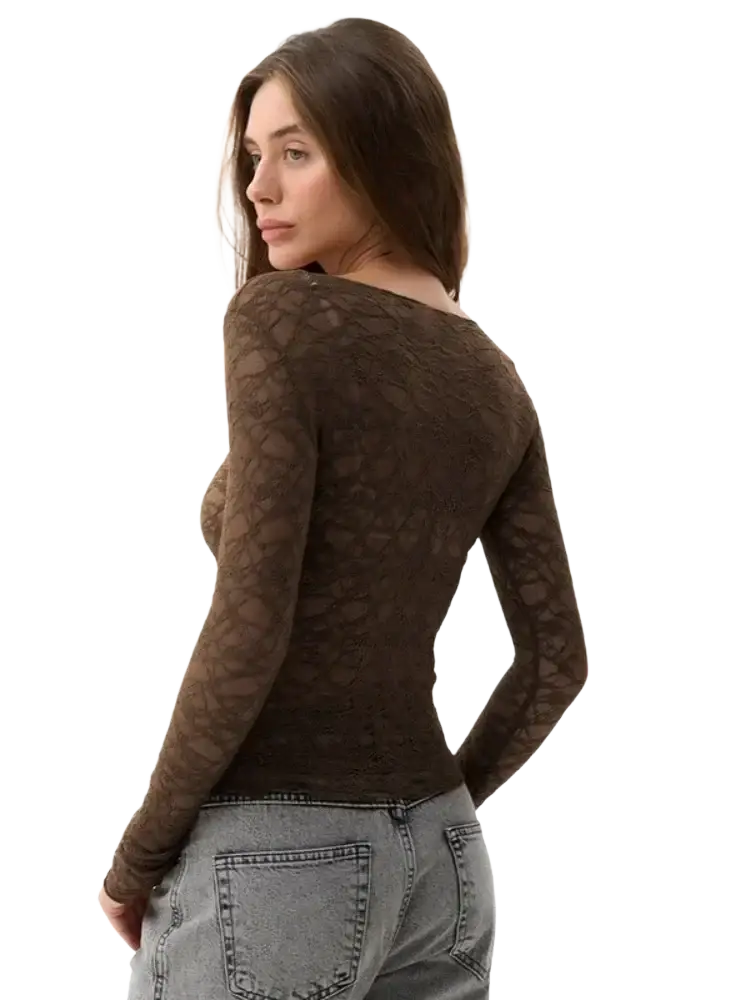 Women aesthetic clothes brown lace long sleeve crop top with fitted silhouette and off the shoulder neckline