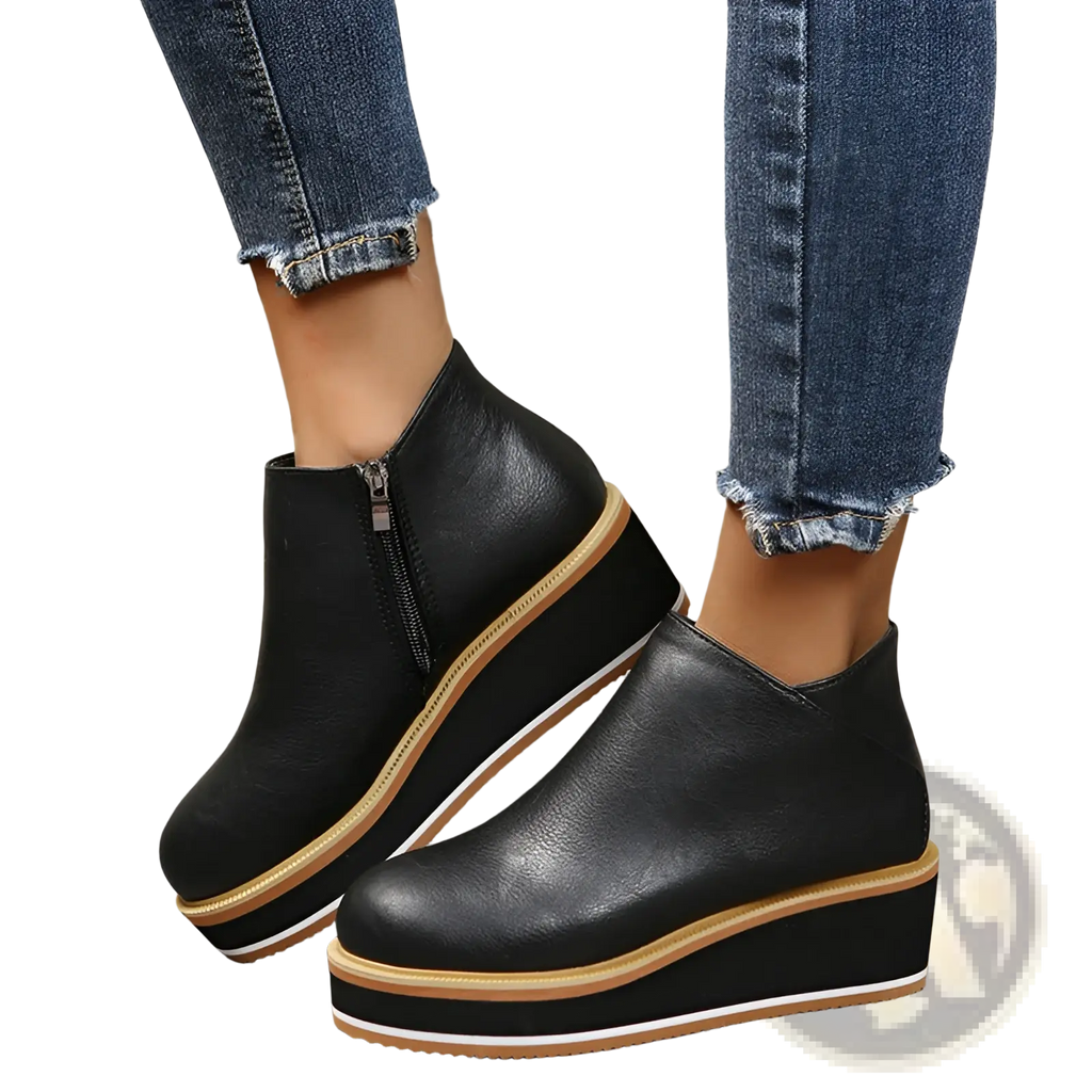 Women ankle boots made of black leather with chunky platform wedge sole featuring tan and white accents