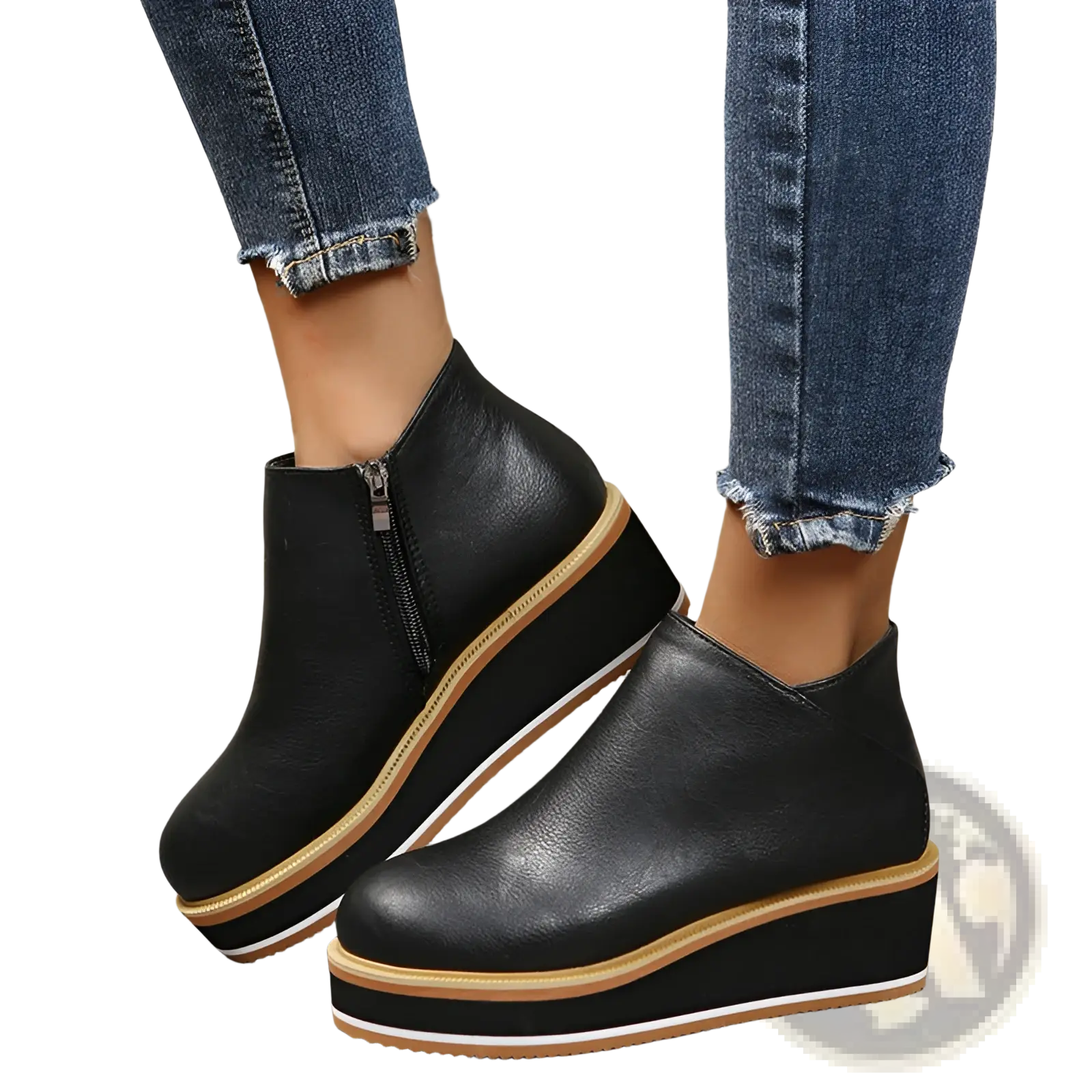 Women ankle boots made of black leather with chunky platform wedge sole featuring tan and white accents
