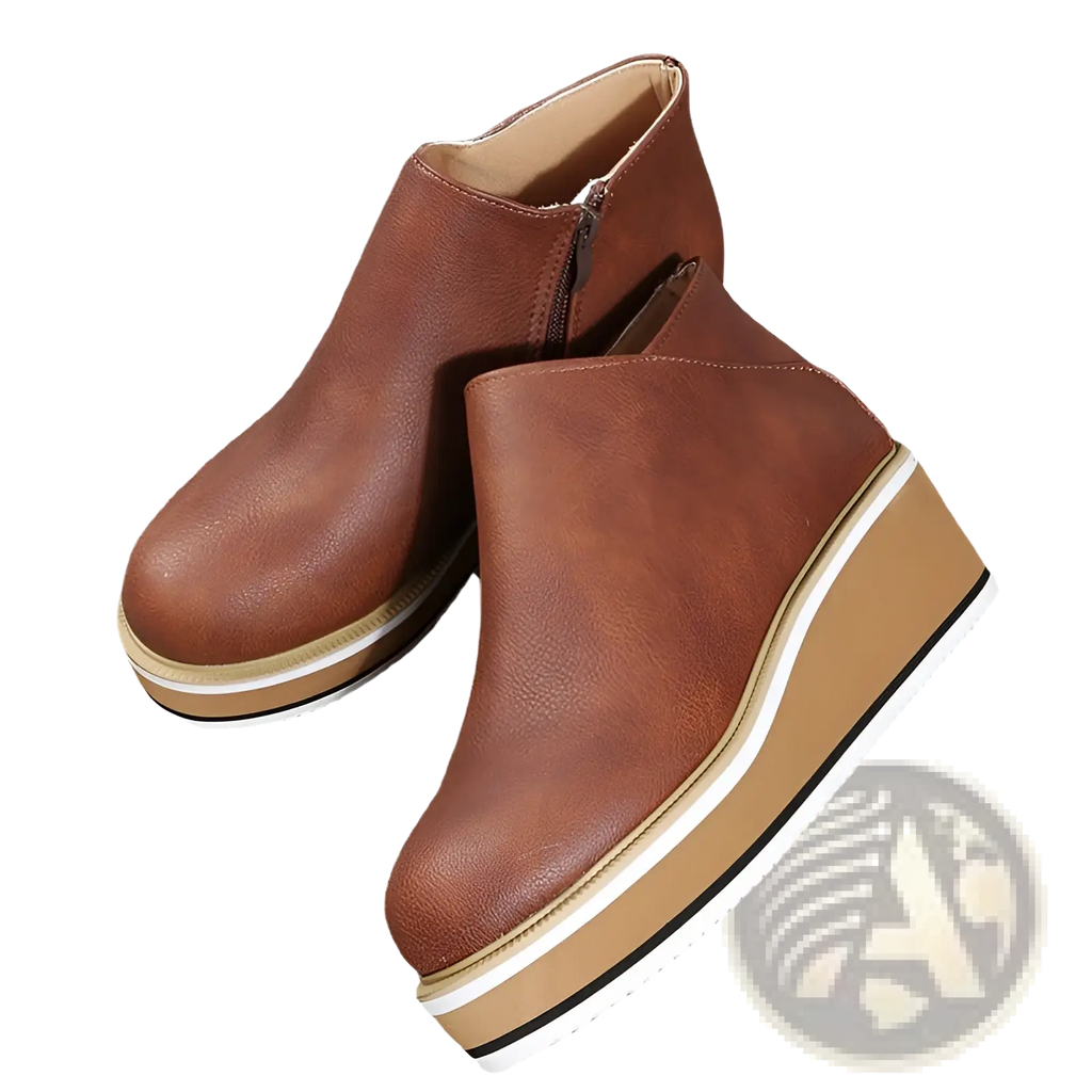 Women ankle boots chunky platform wedge brown faux leather with white and tan layered sole