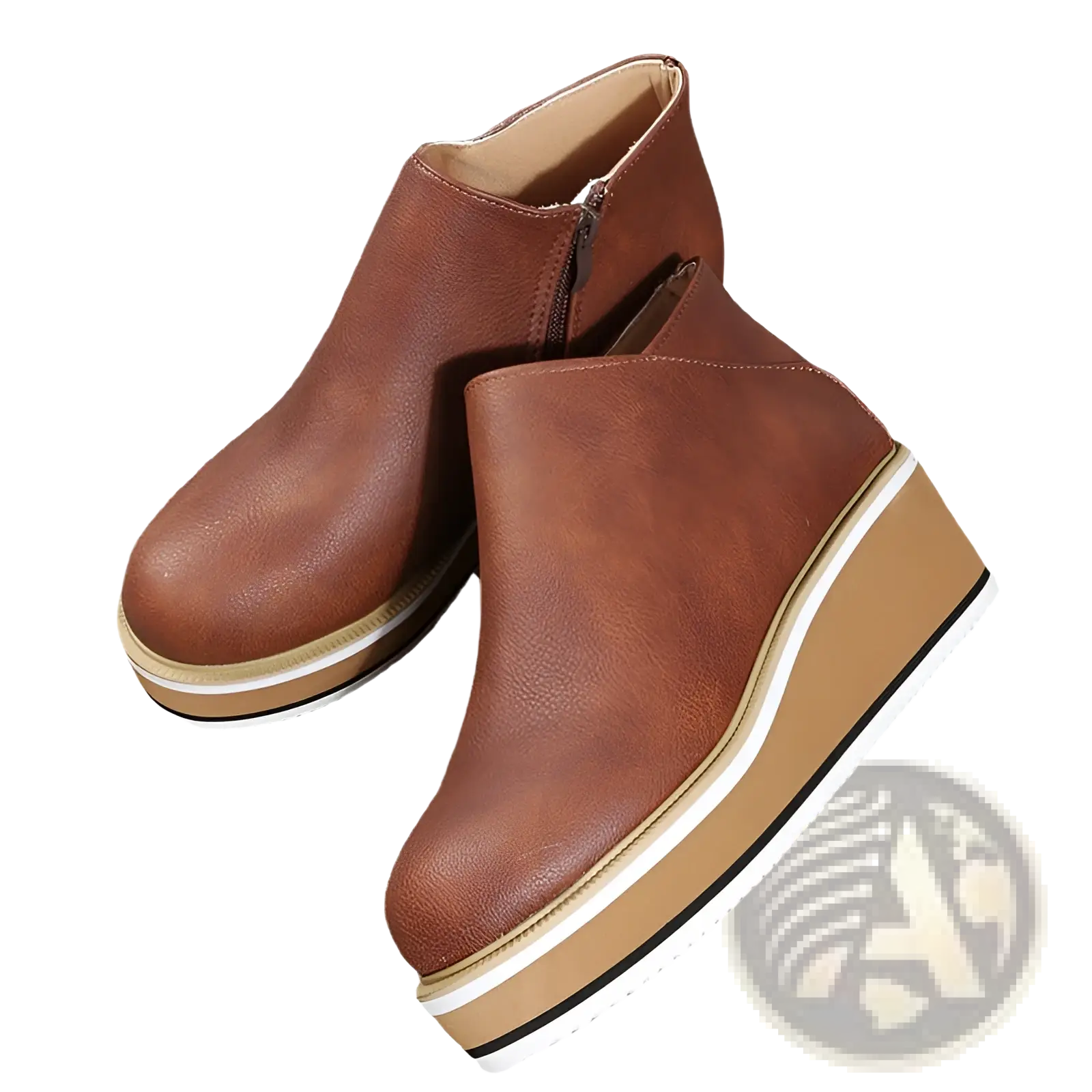 Women ankle boots chunky platform wedge brown faux leather with white and tan layered sole
