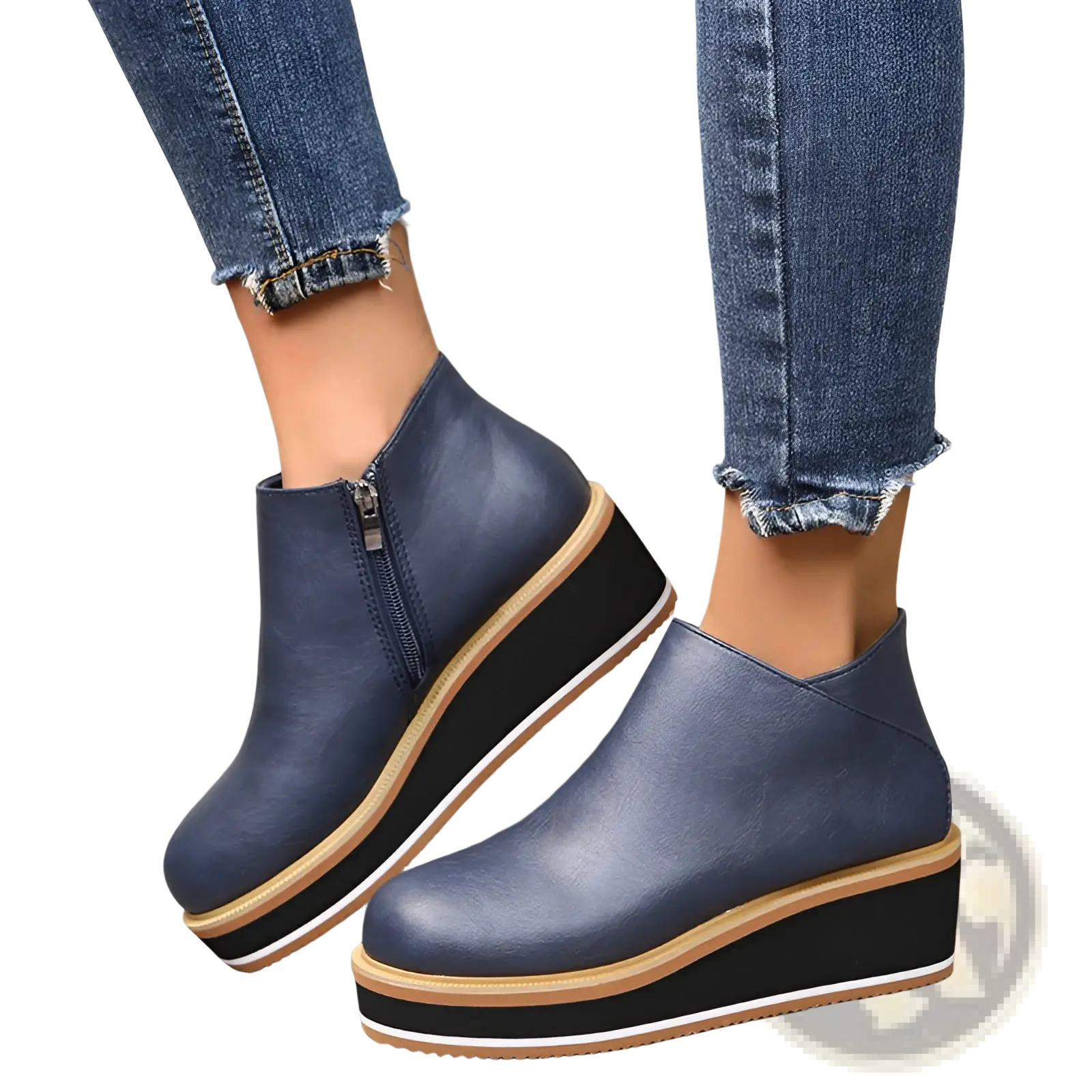 Women ankle boots made of dark blue leather featuring chunky platform wedge heels and tan black contrasting soles