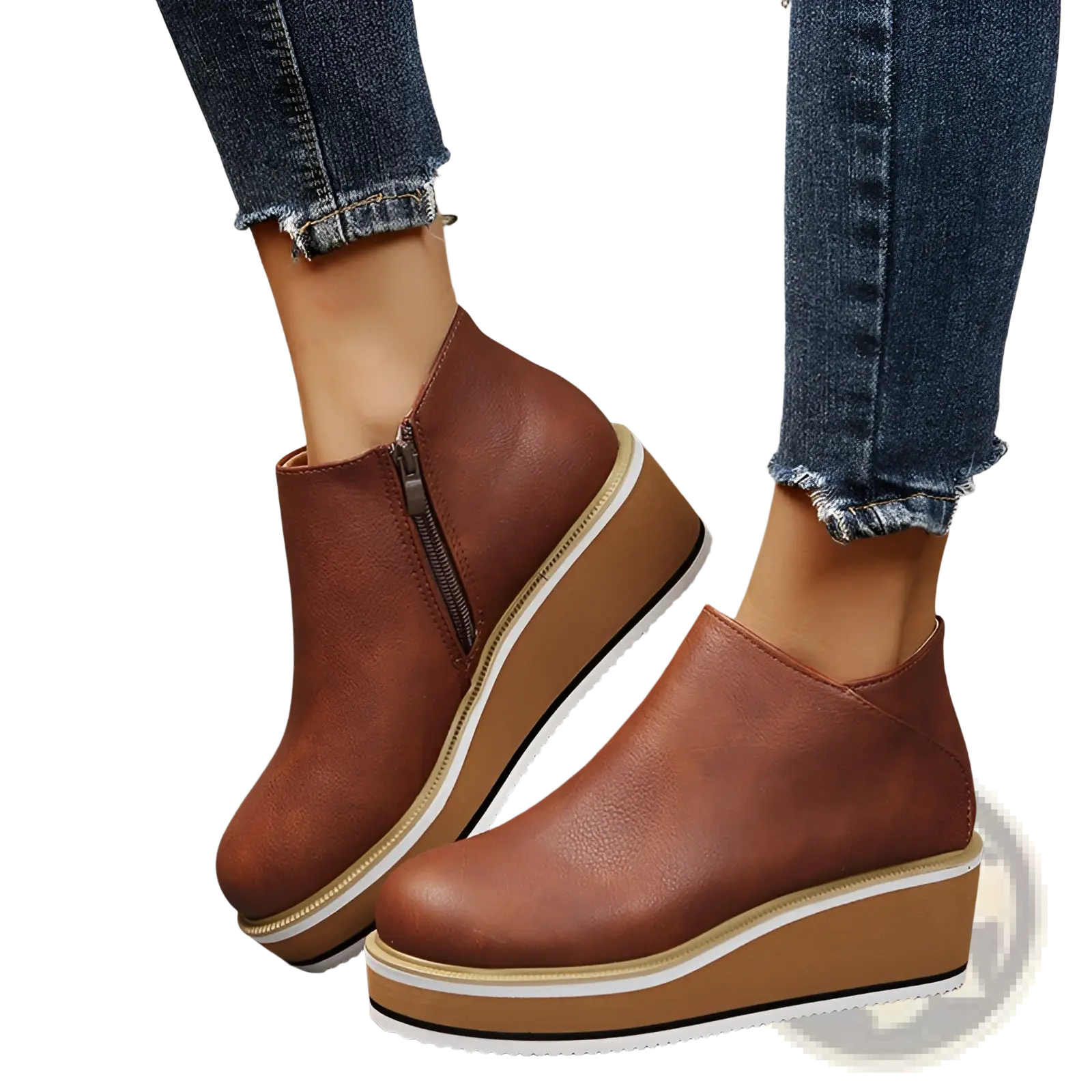 Brown leather women ankle boots with chunky platform wedge sole and zipper closure for stylish wear