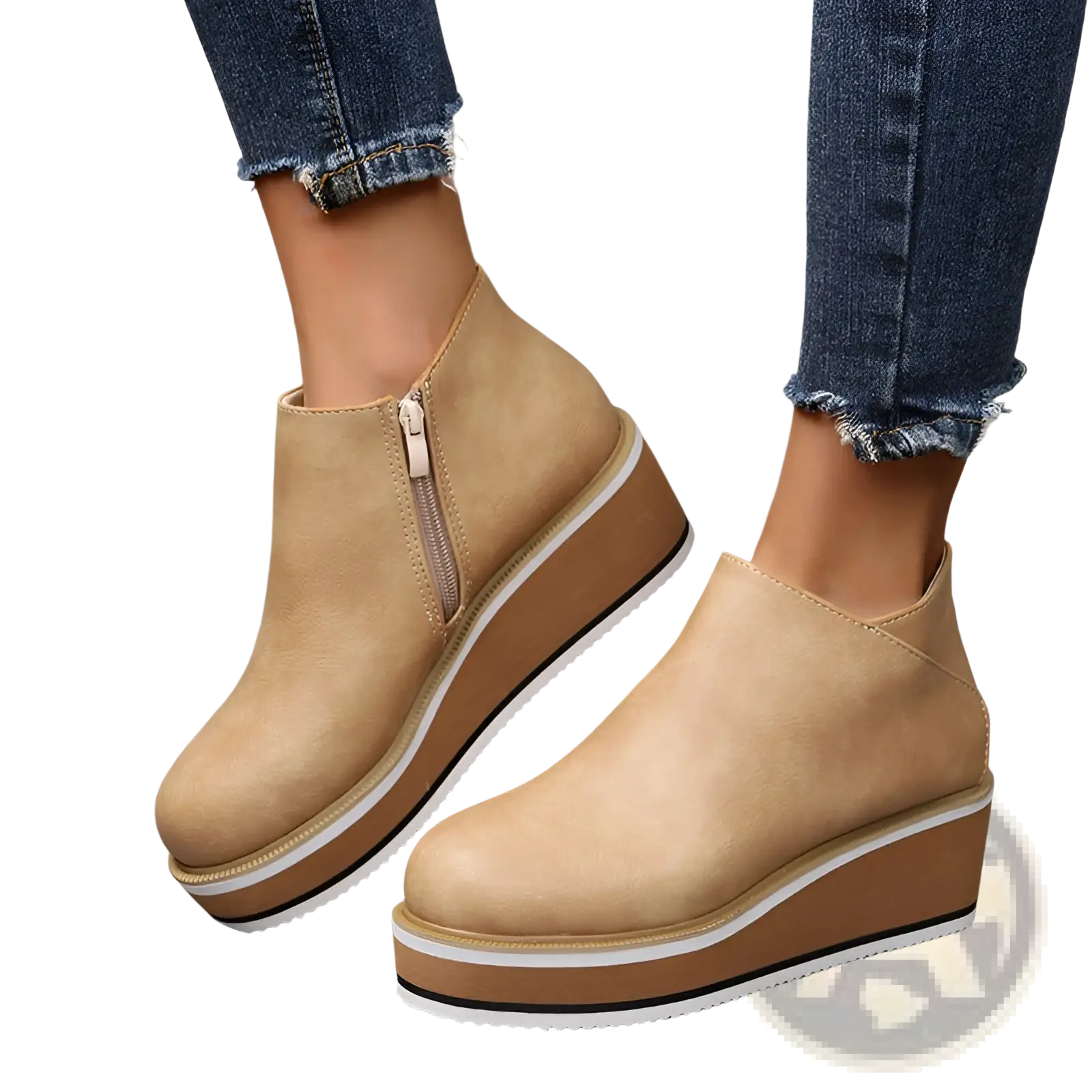 Tan suede women ankle boots with chunky platform wedge leather sole and white trim