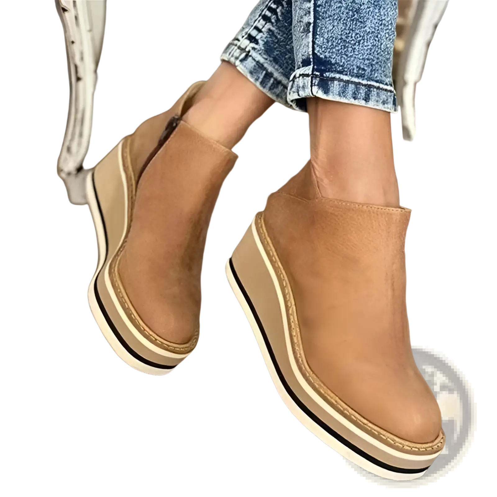 Women ankle boots in tan suede with a chunky multi-layered beige and white platform wedge sole