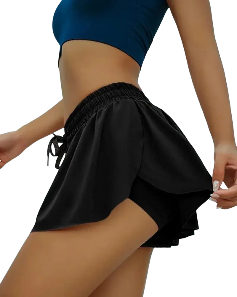 Black satin women athletic pleated skort with elastic waistband and drawstring tie for quick dry sports use