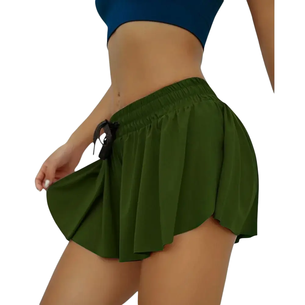 Olive green pleated women athletic skort with elastic waistband and black drawstring quick dry sports shorts