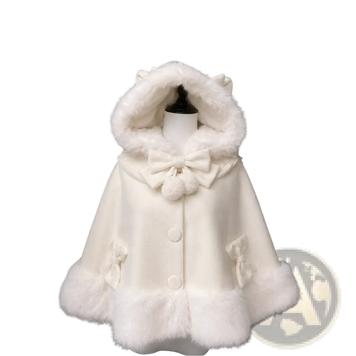 White faux fur-lined hooded cape with fluffy cat ears and pom-pom bows on neckline and sleeve cuffs for autumn winter wear
