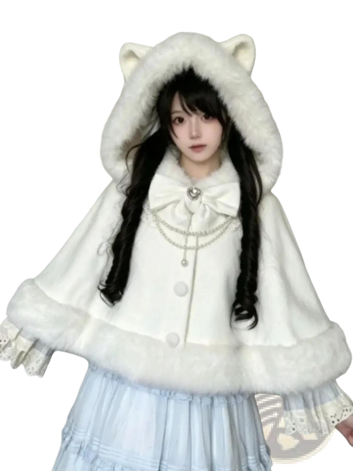 White fluffy hooded cape with bear ear trim and lace detailing vintage kawaii warm comfy outerwear for autumn winter