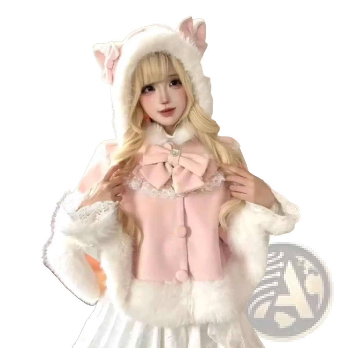 Women autumn winter pink and white fluffy cat-ear hooded coat with lace trim and large bow vintage lolita style cape