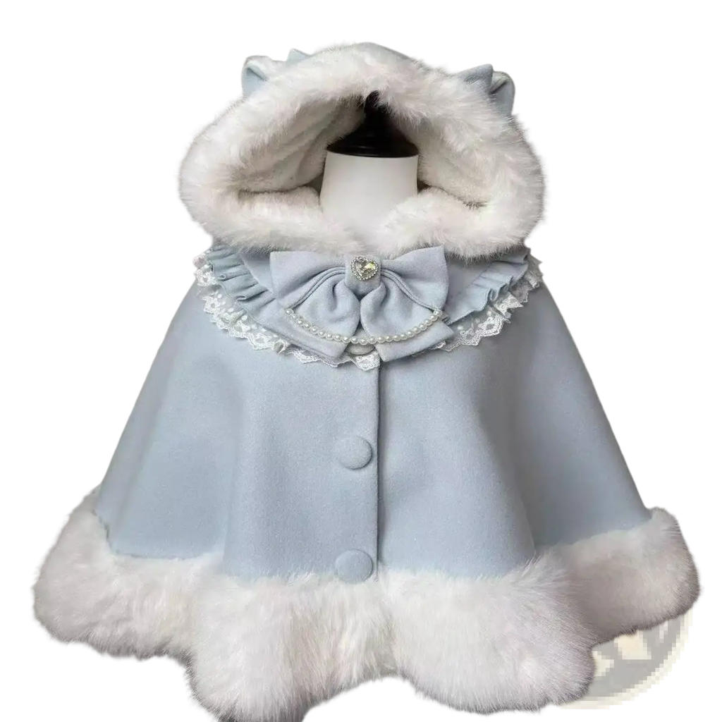 Women autumn winter soft light blue cape with fluffy white fur hood cuffs and pearl-embellished bow neckline
