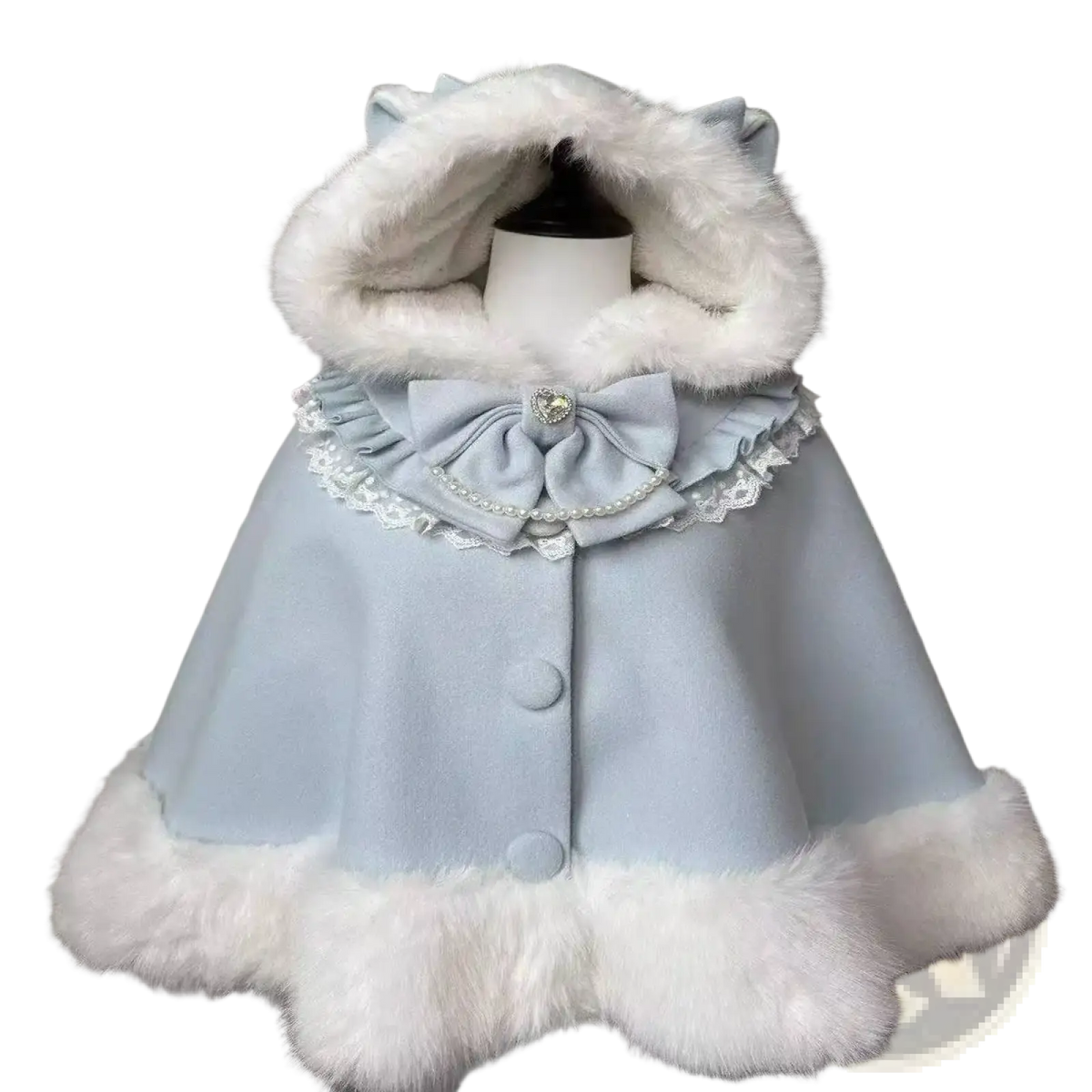 Women autumn winter soft light blue cape with fluffy white fur hood cuffs and pearl-embellished bow neckline
