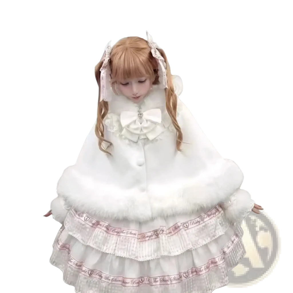 White fluffy cape with lace trim and large bow at neckline vintage warm comfy japanese lolita style outerwear