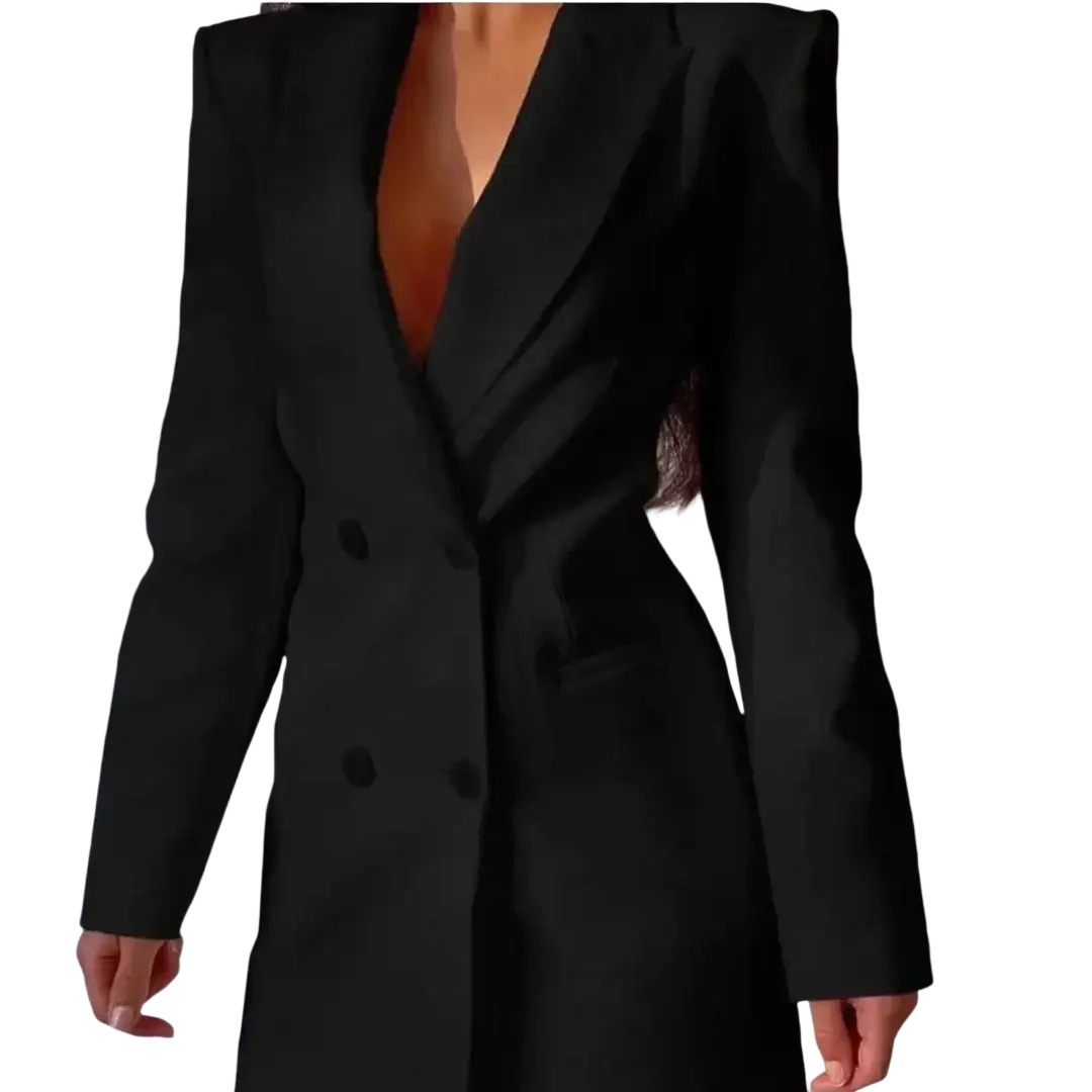 Women backless black double breasted blazer with structured shoulders and a deep v neckline in formal fabric