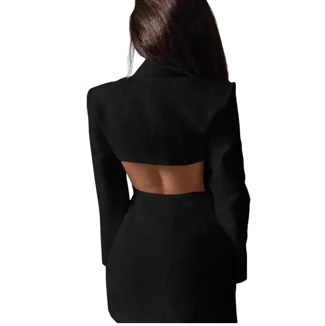 Black cropped long sleeve double breasted blazer for women with a back cutout shown from the back side