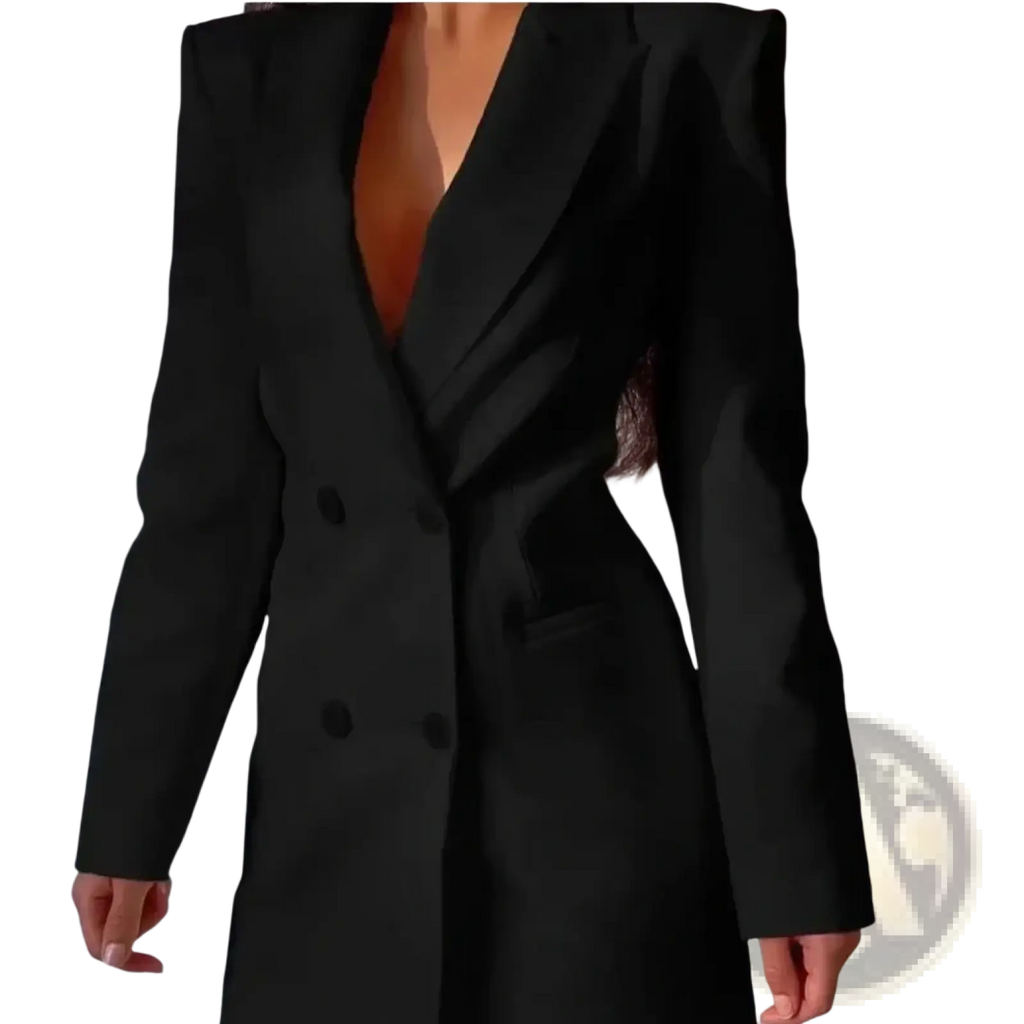Women backless black double breasted blazer with structured shoulders and a deep v neckline in formal fabric