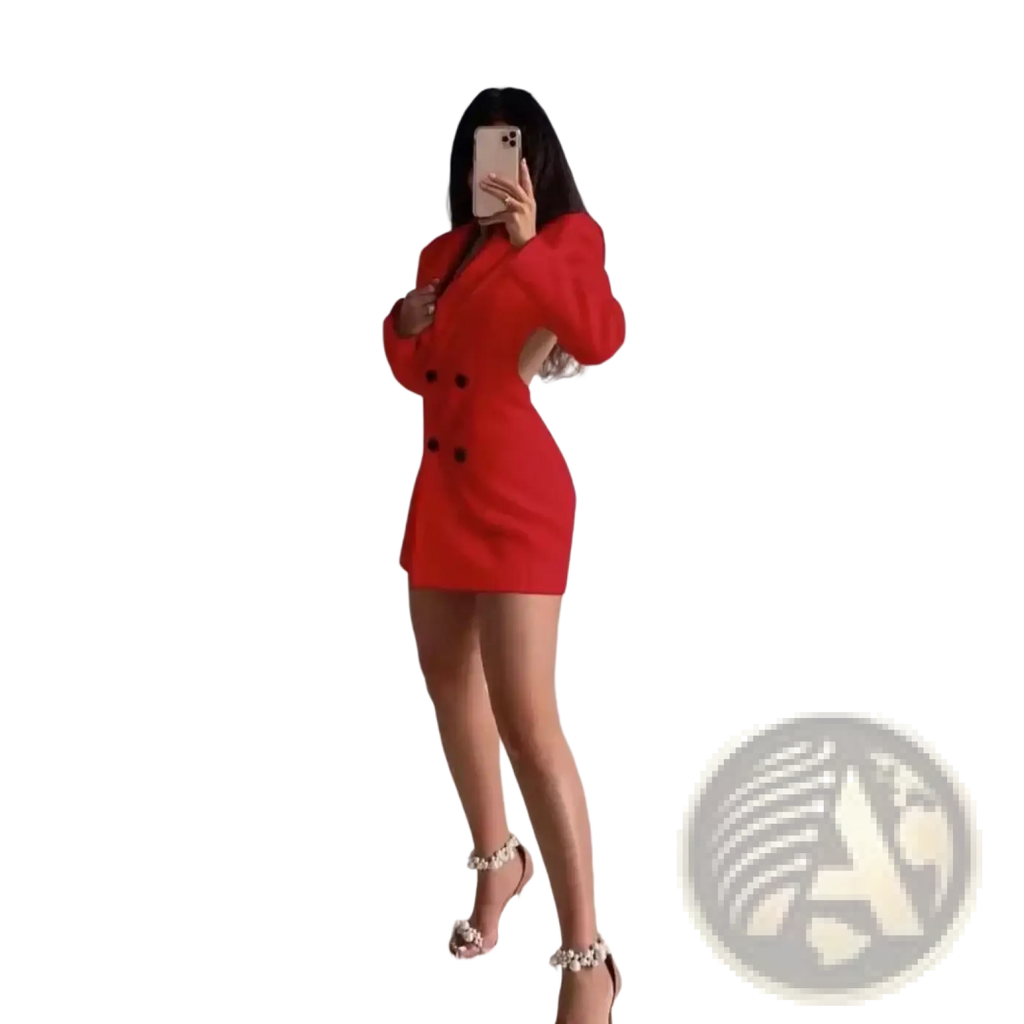 A vibrant red women backless double breasted blazer dress with a sleek tailored fit and black buttons displayed from the back