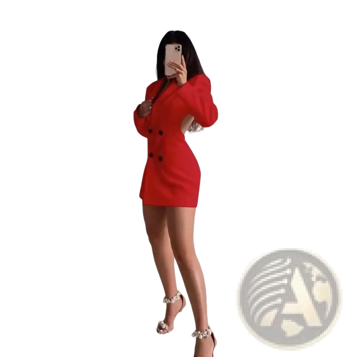 A vibrant red women backless double breasted blazer dress with a sleek tailored fit and black buttons displayed from the back