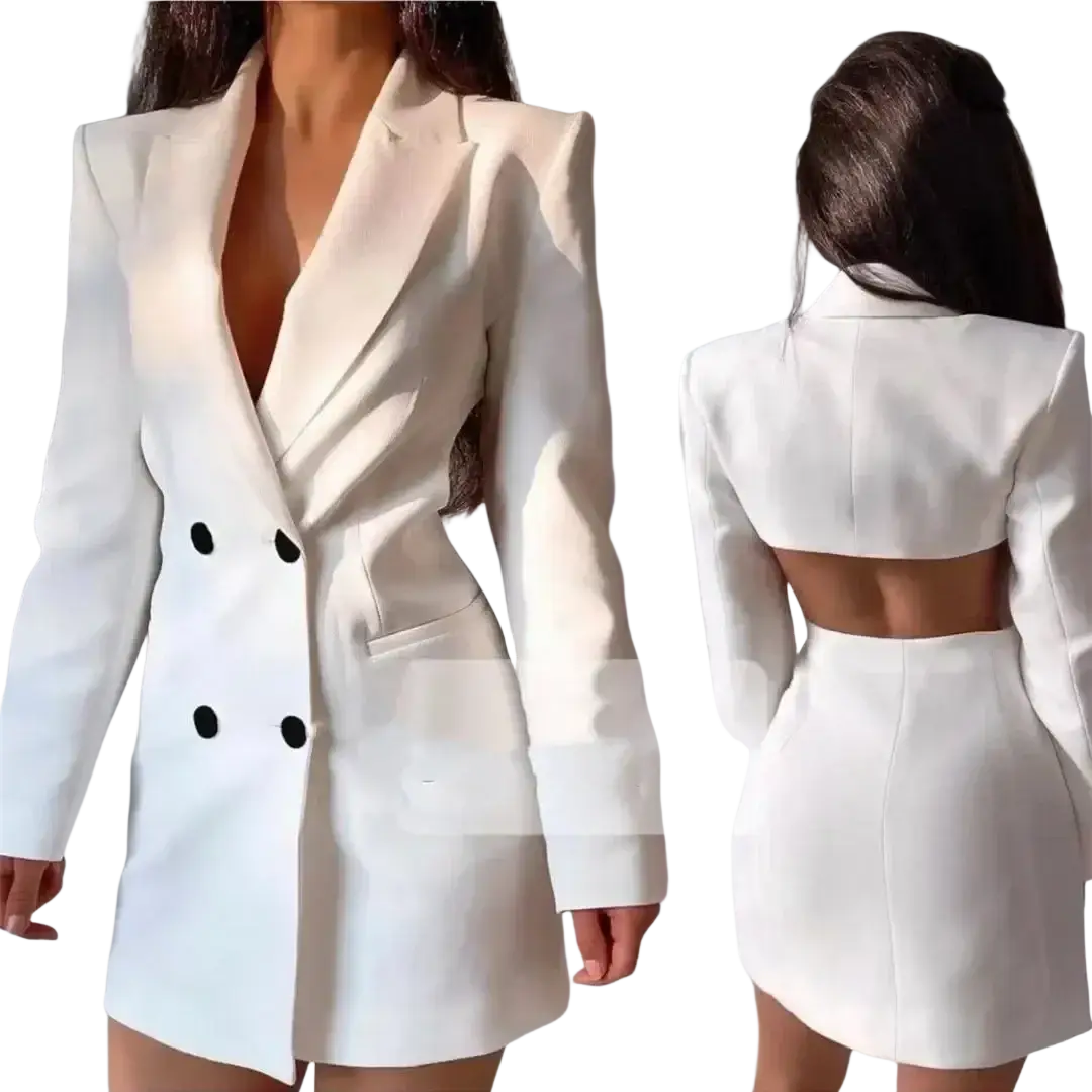 White double-breasted blazer with black buttons and a cropped back design shown from the back side for women