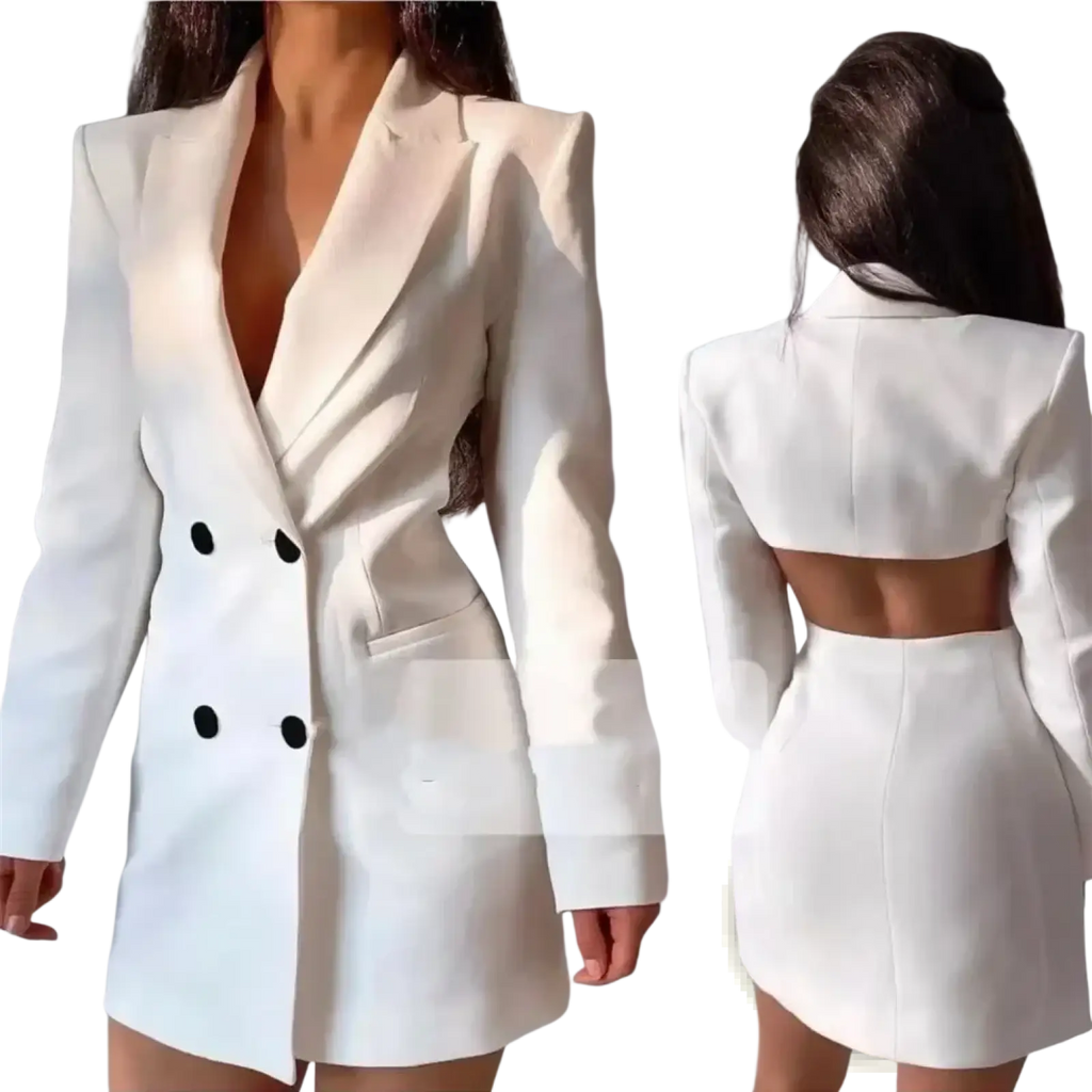 White double-breasted blazer with black buttons and a cropped back design shown from the back side for women