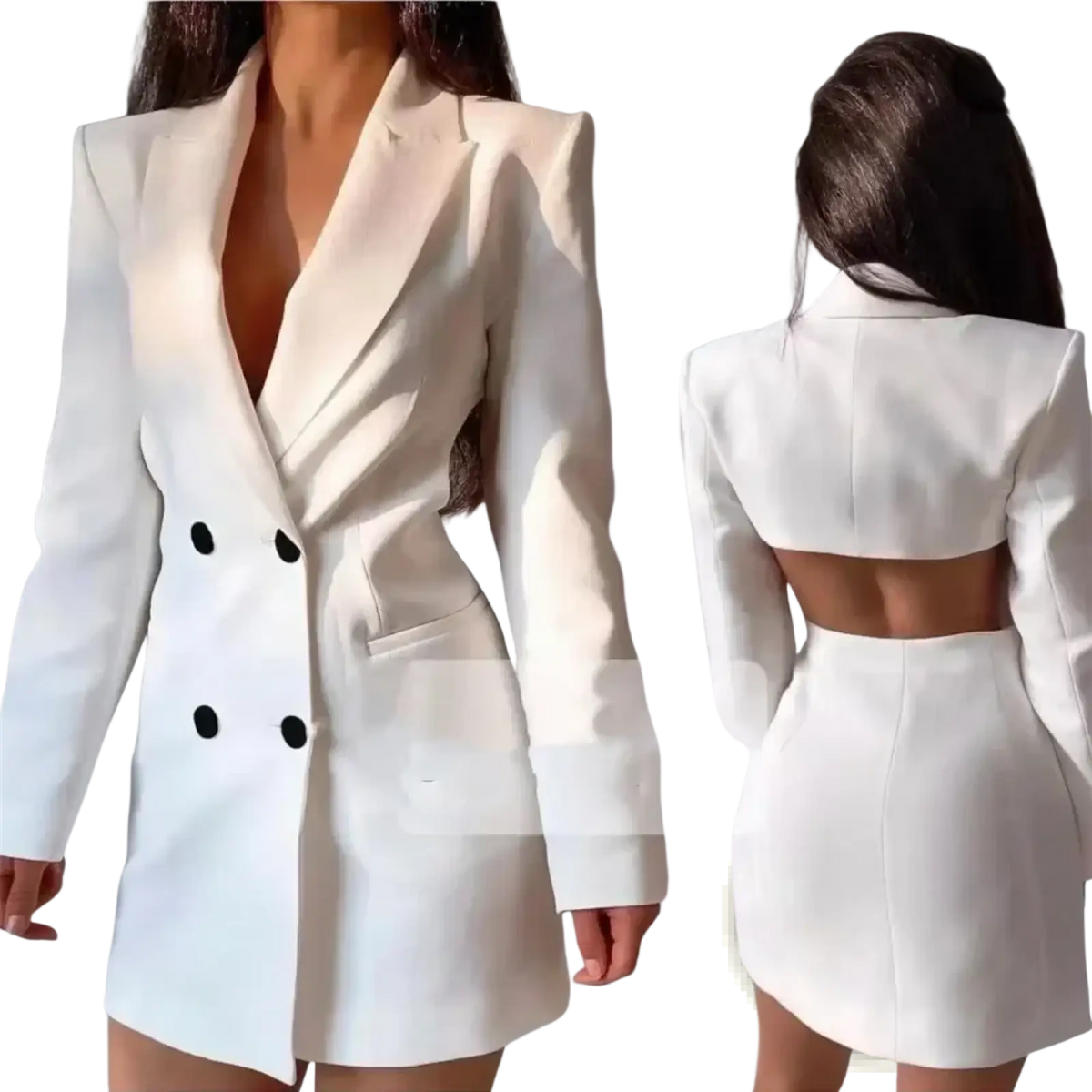White double-breasted blazer with black buttons and a cropped back design shown from the back side for women