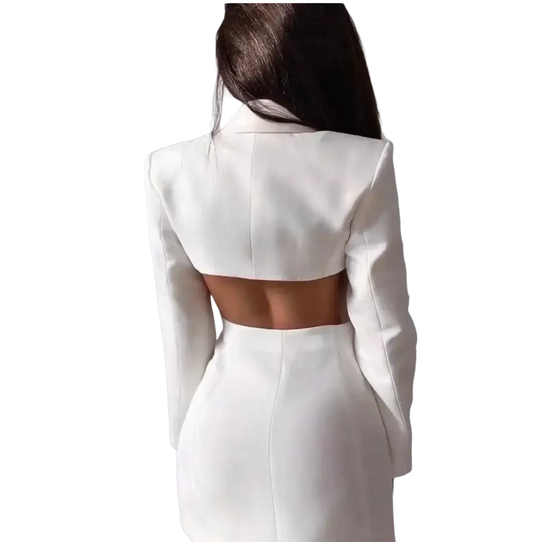 White tailored double breasted blazer for women with long sleeves and a back cutout shown from the back side