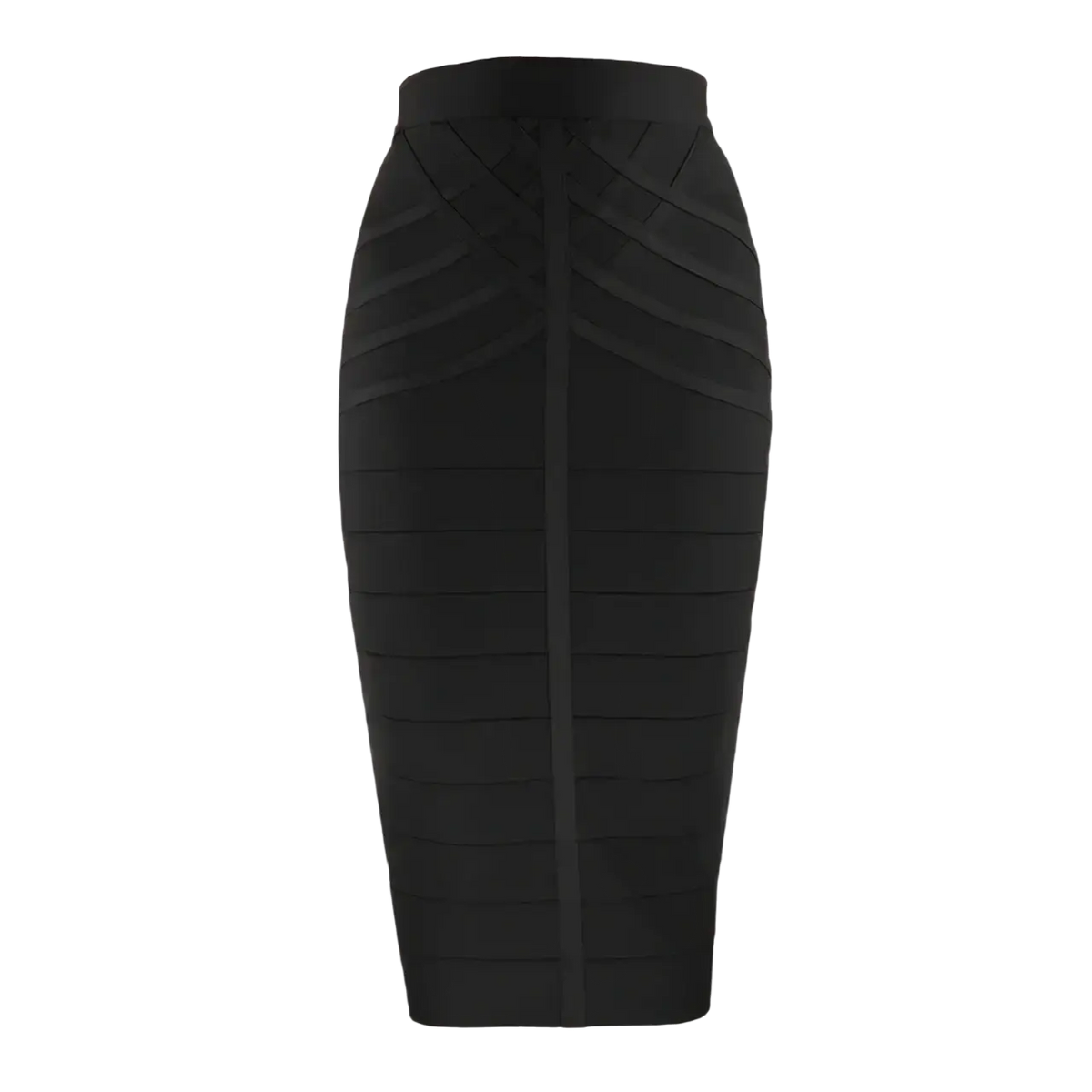 Black women bandage midi pencil skirt with high waist ribbed structured design and sleek form fitting silhouette