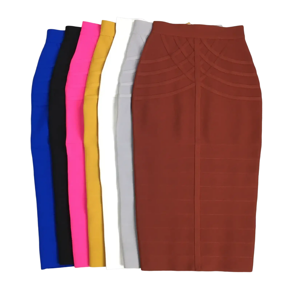 A collection of women bandage midi high waisted pencil skirts in vibrant colors including rust red with structured paneling