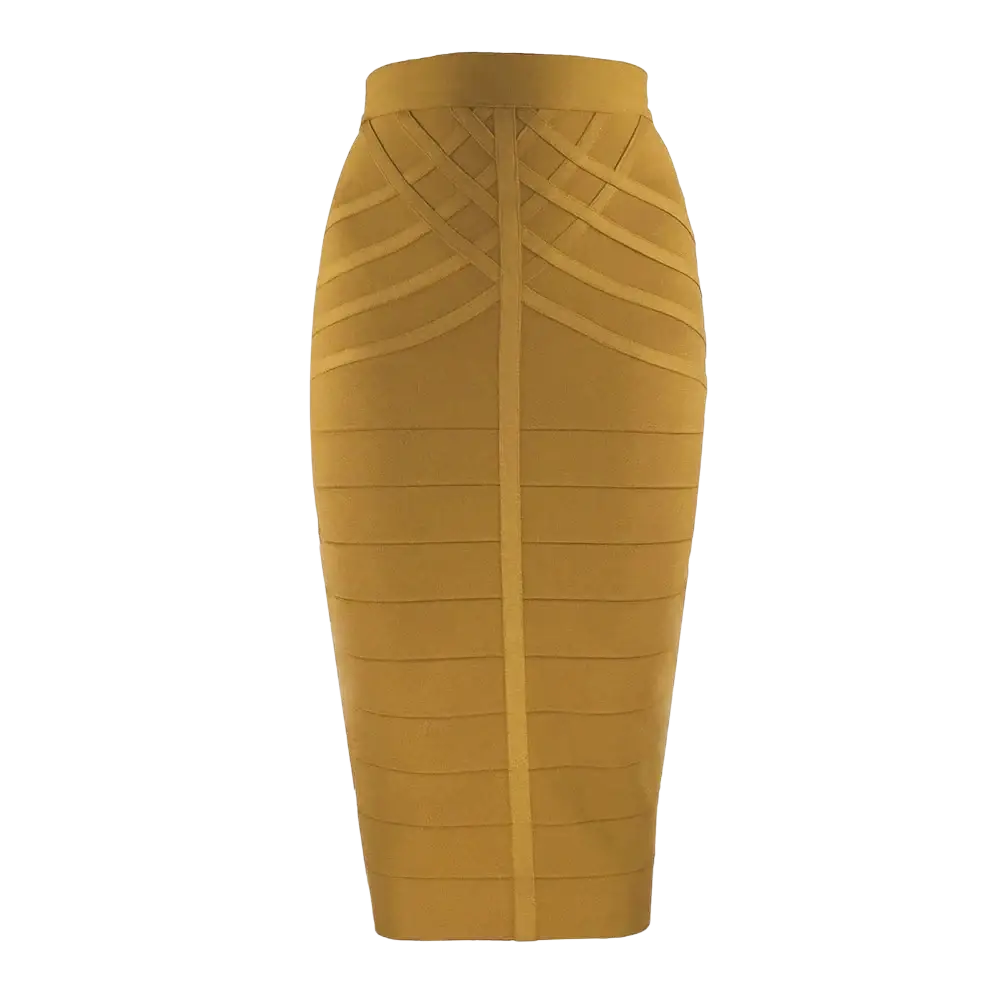 Women bandage midi skirt high waisted pencil skirt in mustard yellow with a ribbed structured design and form-fitting silhouette