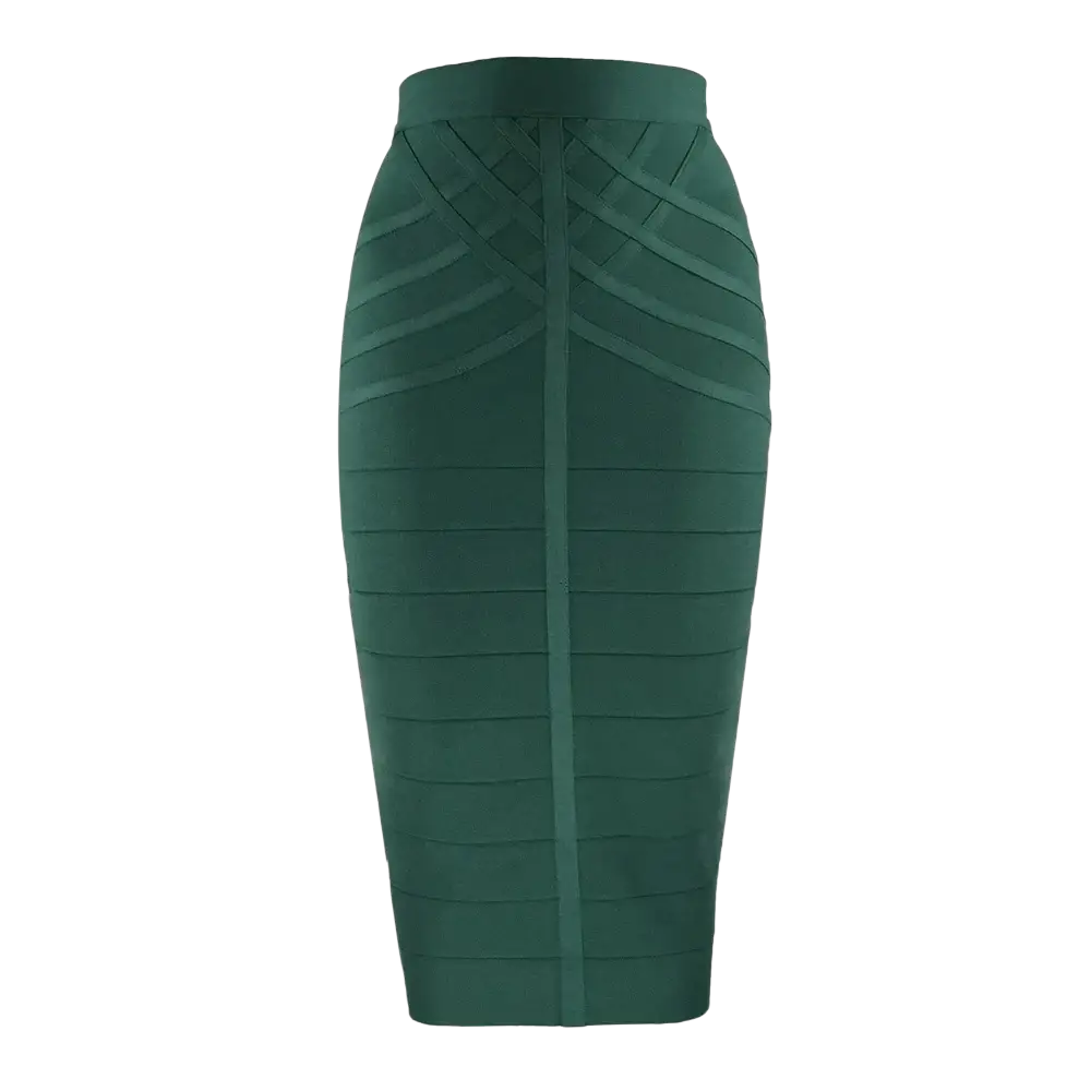Women bandage midi pencil skirt in emerald green with a structured ribbed design and high waistband