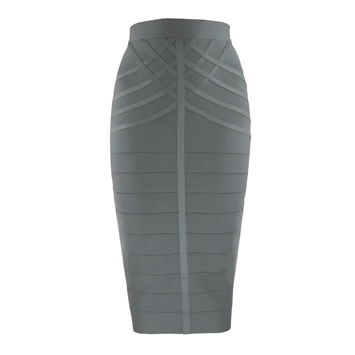 Women bandage midi skirt in gray with a high waisted ribbed design that accentuates the waist and hips