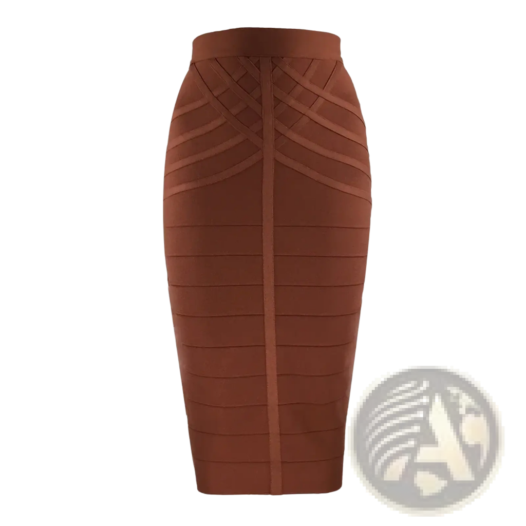 A sleek rust-colored women bandage midi skirt with a structured ribbed design and a high-waisted pencil silhouette