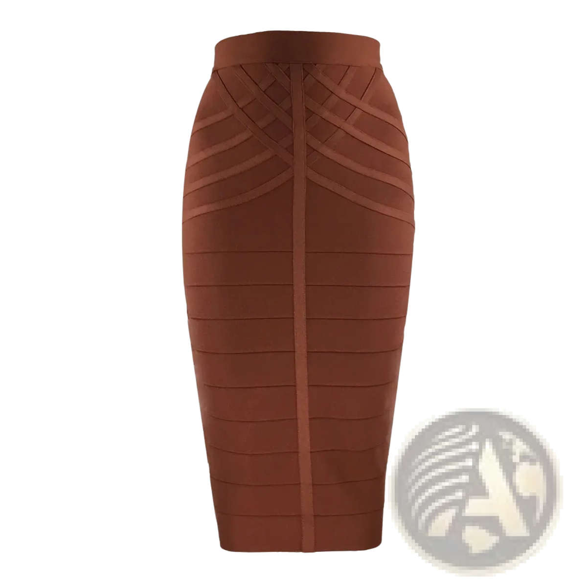 A sleek rust-colored women bandage midi skirt with a structured ribbed design and a high-waisted pencil silhouette