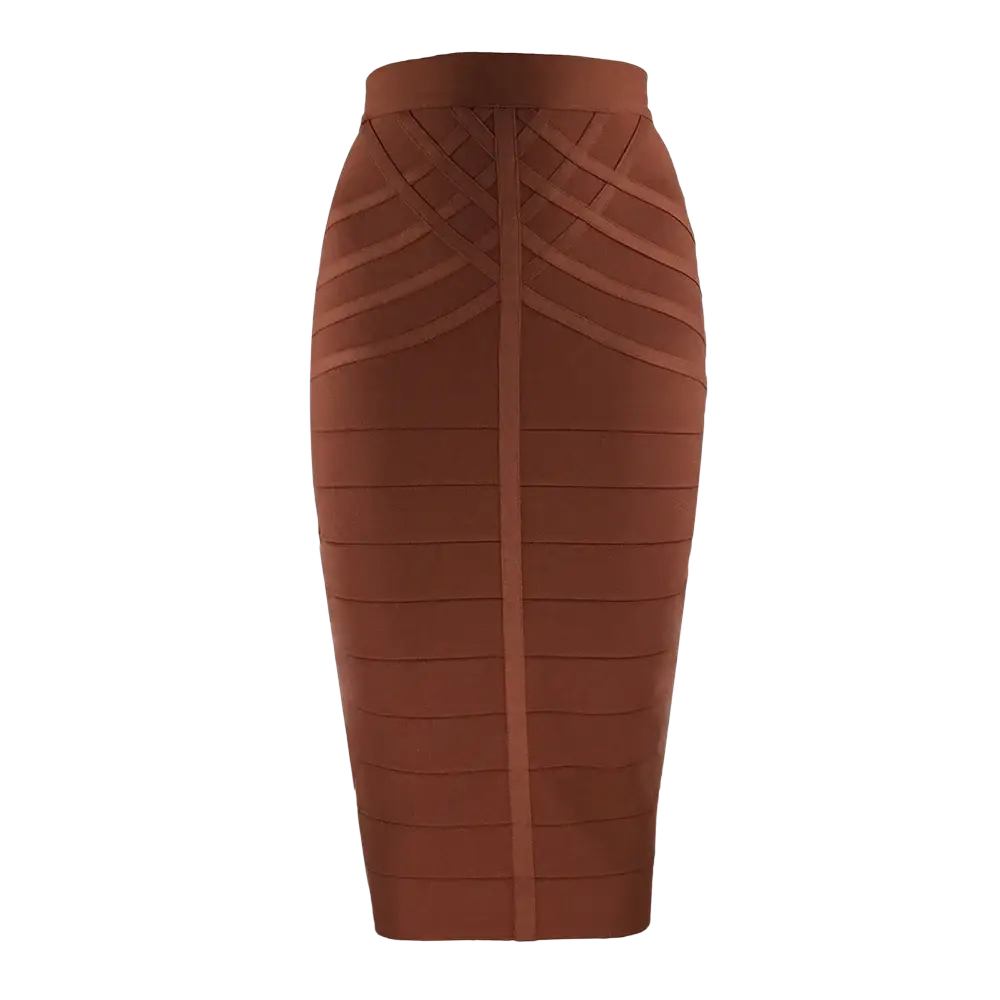 A sleek rust-colored women bandage midi skirt with a high-waisted ribbed pencil design