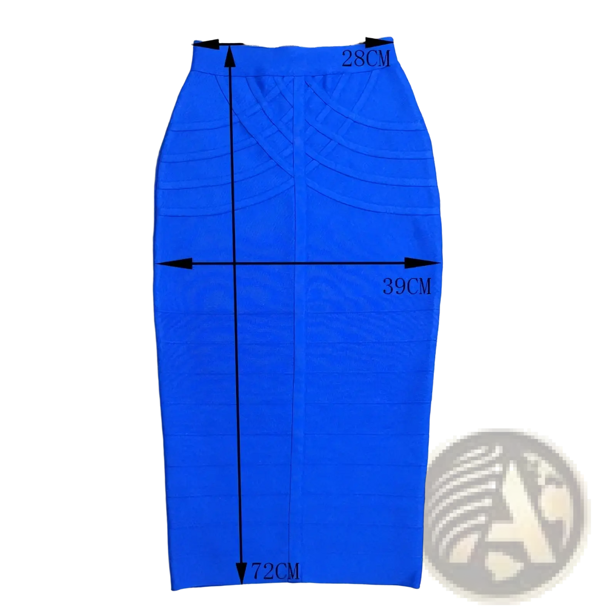 Women bandage midi skirt in vibrant blue with a ribbed bodycon design and precise size s measurements