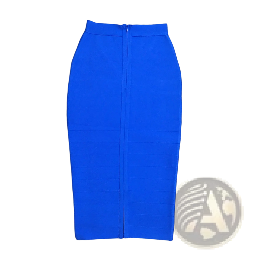 A vibrant royal blue women bandage midi skirt featuring a high waisted, form-fitting pencil design with central zipper and seam detailing
