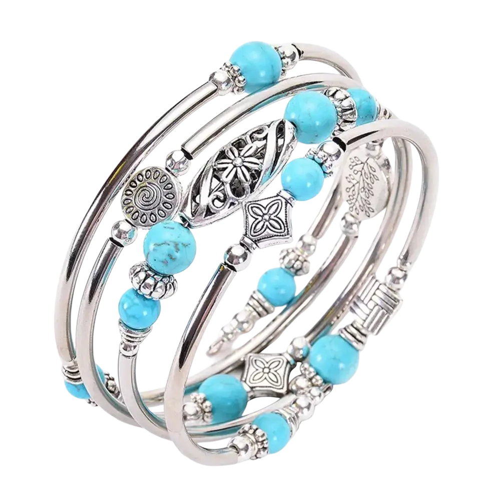 Set of five silver-toned women bangle with natural turquoise stone beads and intricate metal charms multi layered bracelet