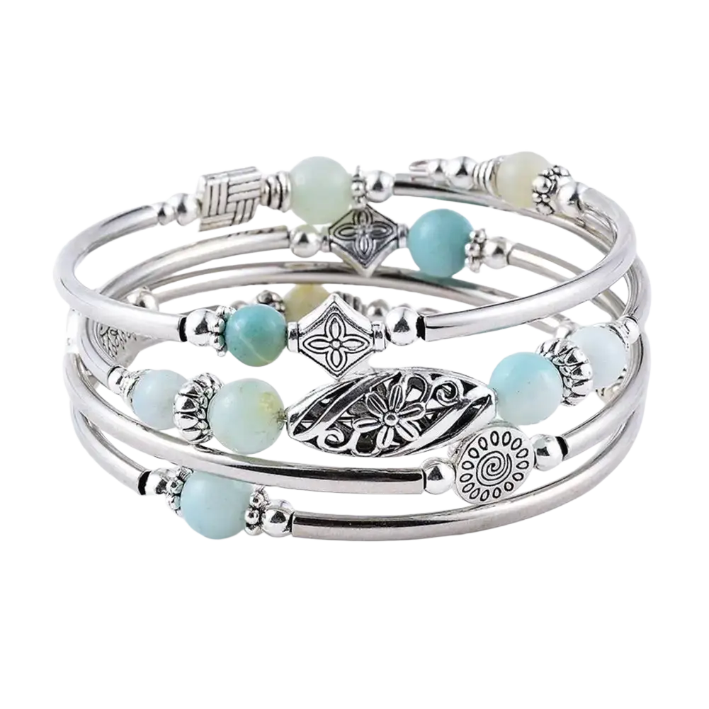 Set of four silver-toned women bangles with natural stone light blue jade beads and intricate metal charms