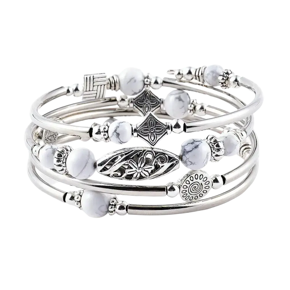 Set of four silver-toned women bangles with white marble natural stones and intricate metal charms multi layered bracelet