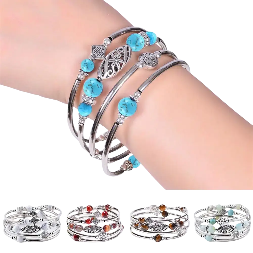 Silver-toned women bangle natural stone bracelet with turquoise beads and intricate metal charms expandable design