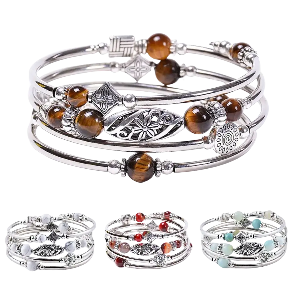 Silver-toned women bangle set with natural stones featuring floral and geometric charms and amber tiger eye beads