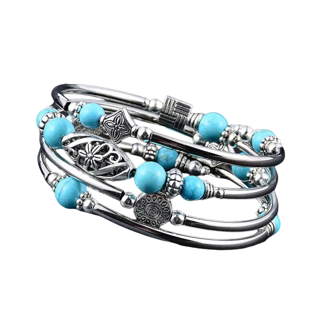 Women bangle featuring silver-toned metal and natural turquoise stones in a multi layered natural stone bracelet design