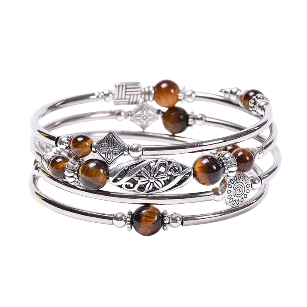 Stacked silver-toned women bangle featuring natural stones tiger eye beads and intricate metal charms multi layered design