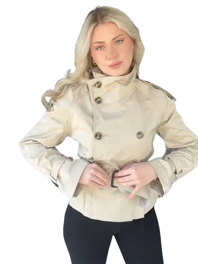 Beige women trench coat with double breasted style dark brown buttons and belted waist for a tailored fit