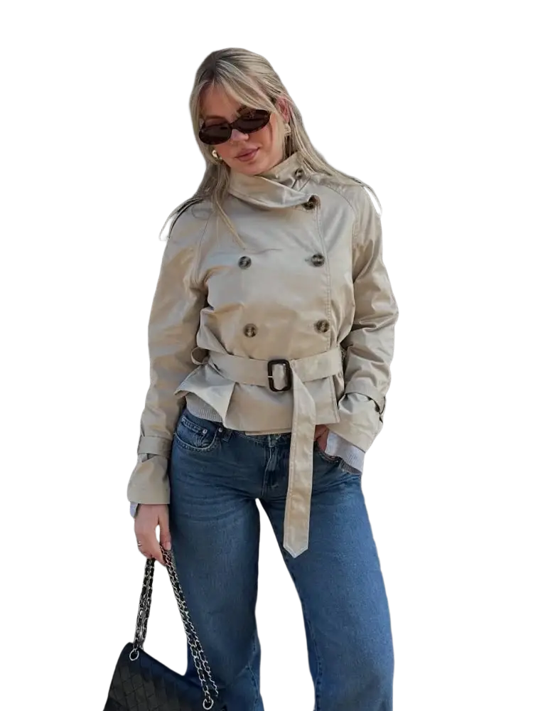 Women beige trench coat with belted waist and double breasted front in a classic tailored design