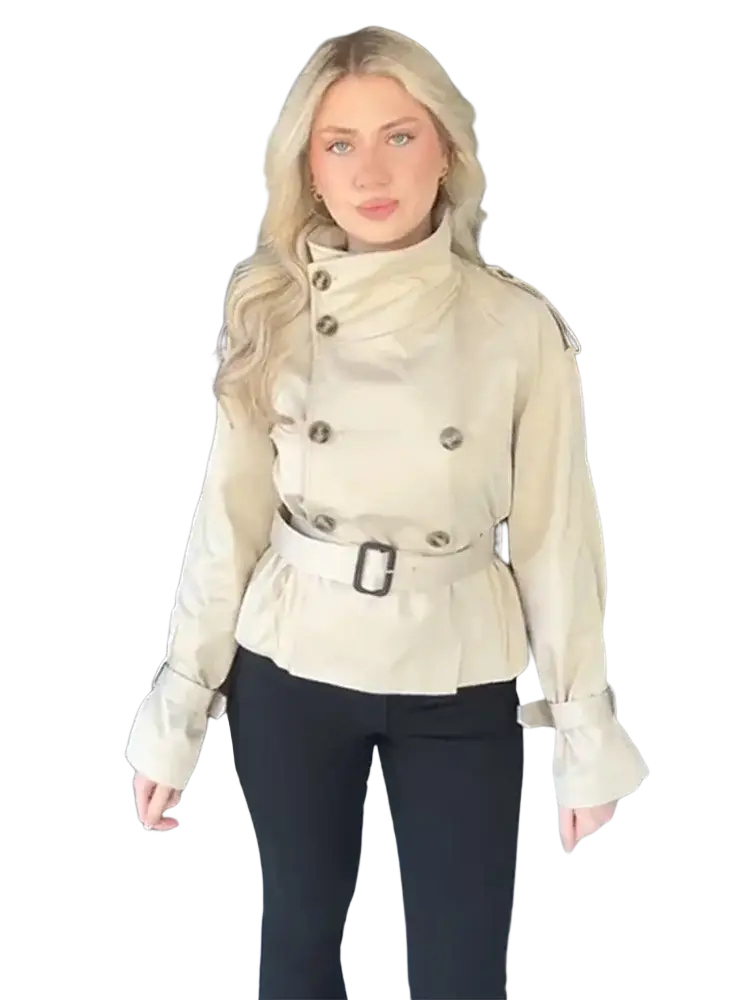 Women beige trench coat made of durable fabric featuring double-breasted buttons and a belted waist