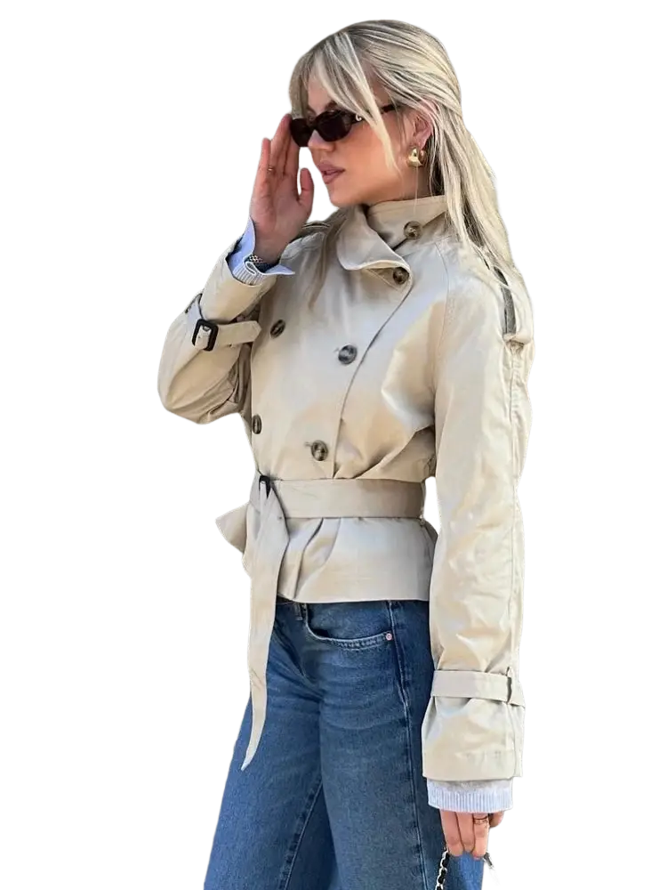 Women beige trench coat with belted waist and double-breasted front in lightweight fabric for stylish outerwear
