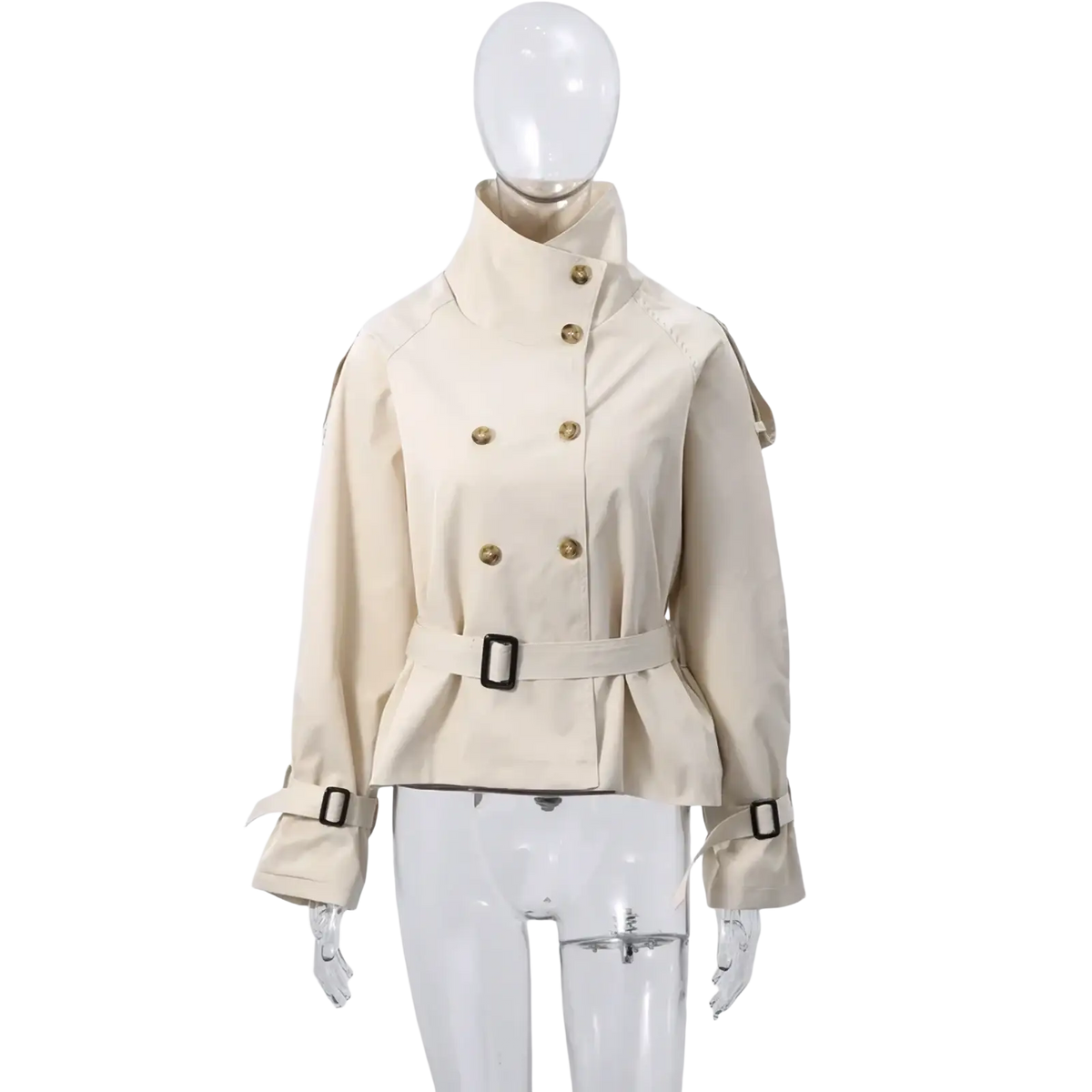 Women beige double breasted trench coat with gold toned buttons and black belt accents in a stylish design